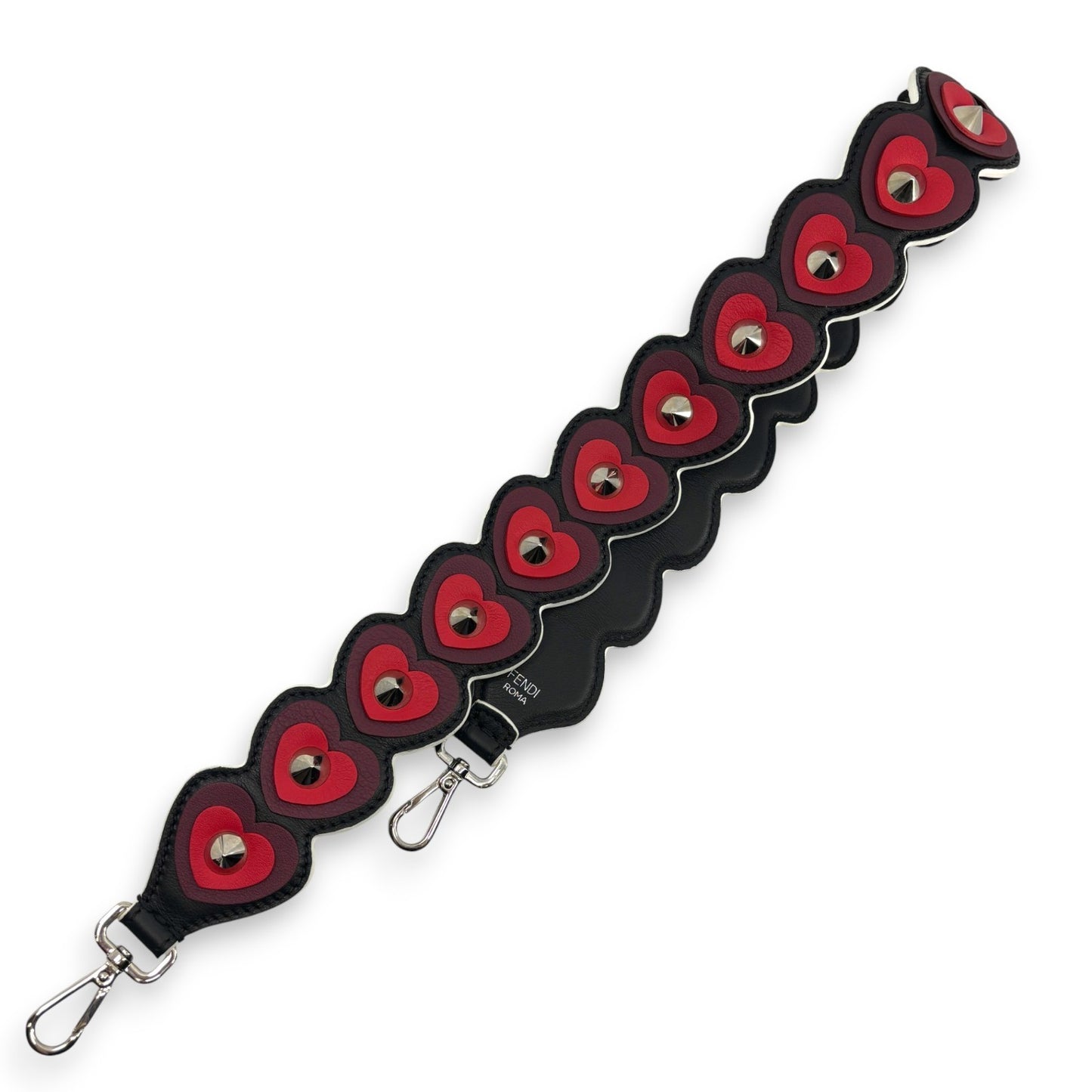 Fendi Strap You Black Leather Bag Strap with Red Heart Studs