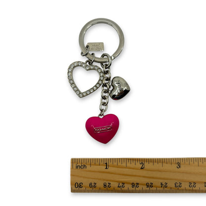 Coach Heart Charm Keychain Pink Silver-Tone with Rhinestone Detail
