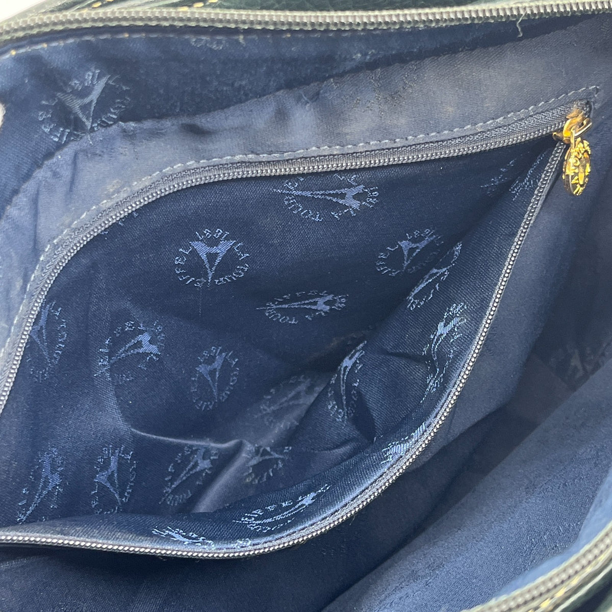 La Tour Eiffel 1887 Leather Handbag Tote Navy Blue Green Logo Badge