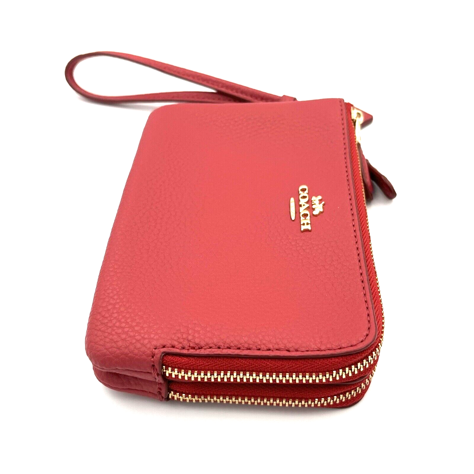 Coach Leather Double Corner Zip Wristlet Pouch in Red with Charm