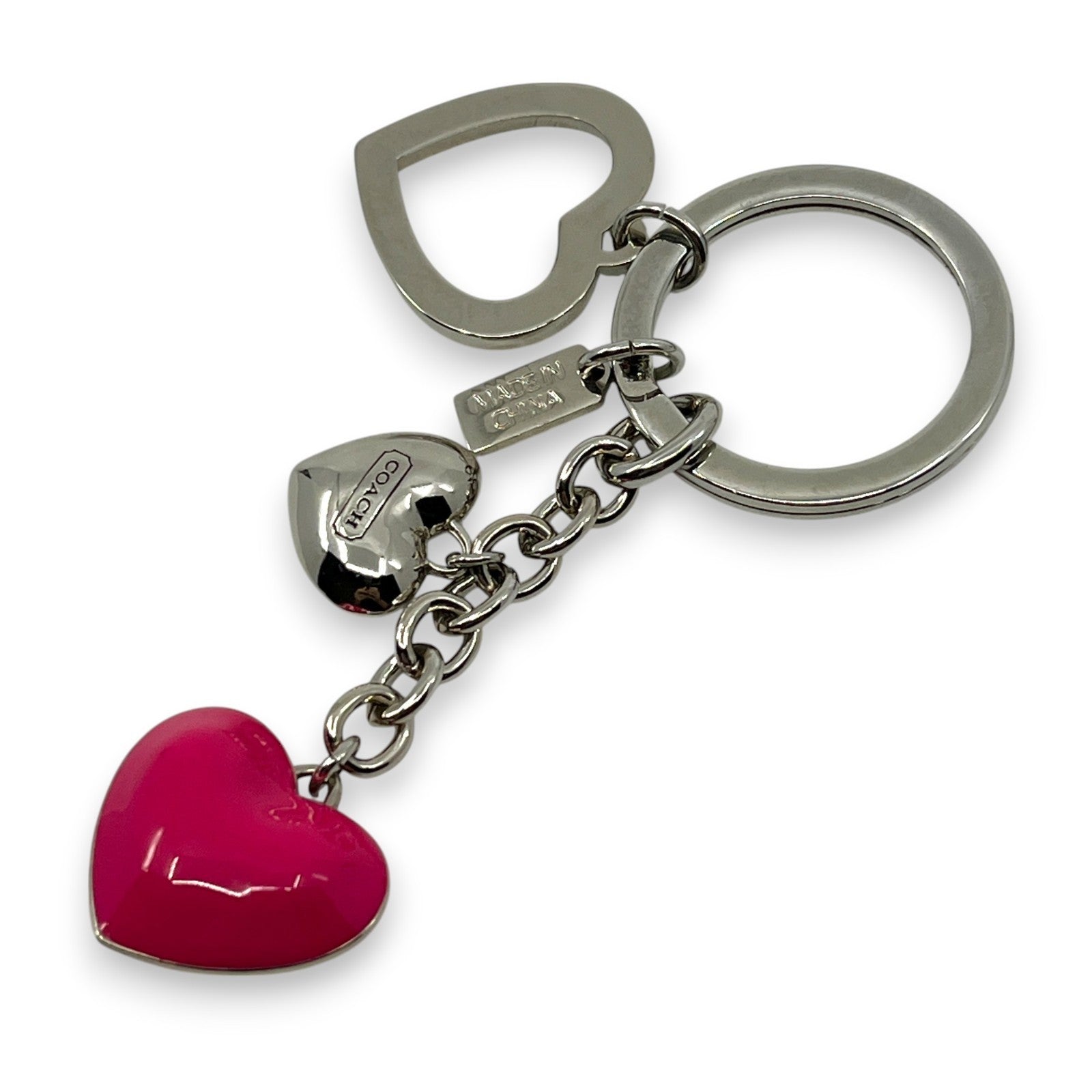 Coach Heart Charm Keychain Pink Silver-Tone with Rhinestone Detail