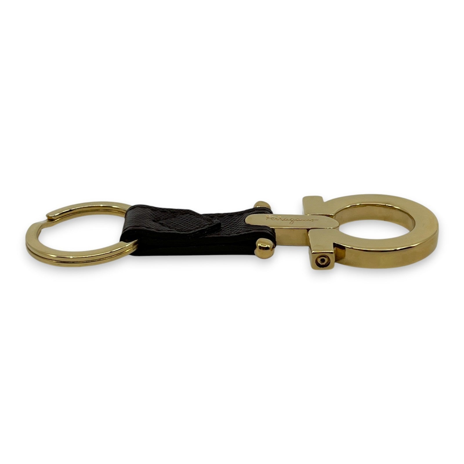 Salvatore Ferragamo Gold-Tone Gancini Key Ring Charm Dark Brown Leather w/ Box