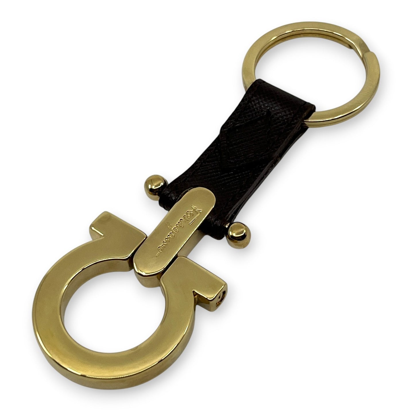 Salvatore Ferragamo Gold-Tone Gancini Key Ring Charm Dark Brown Leather w/ Box