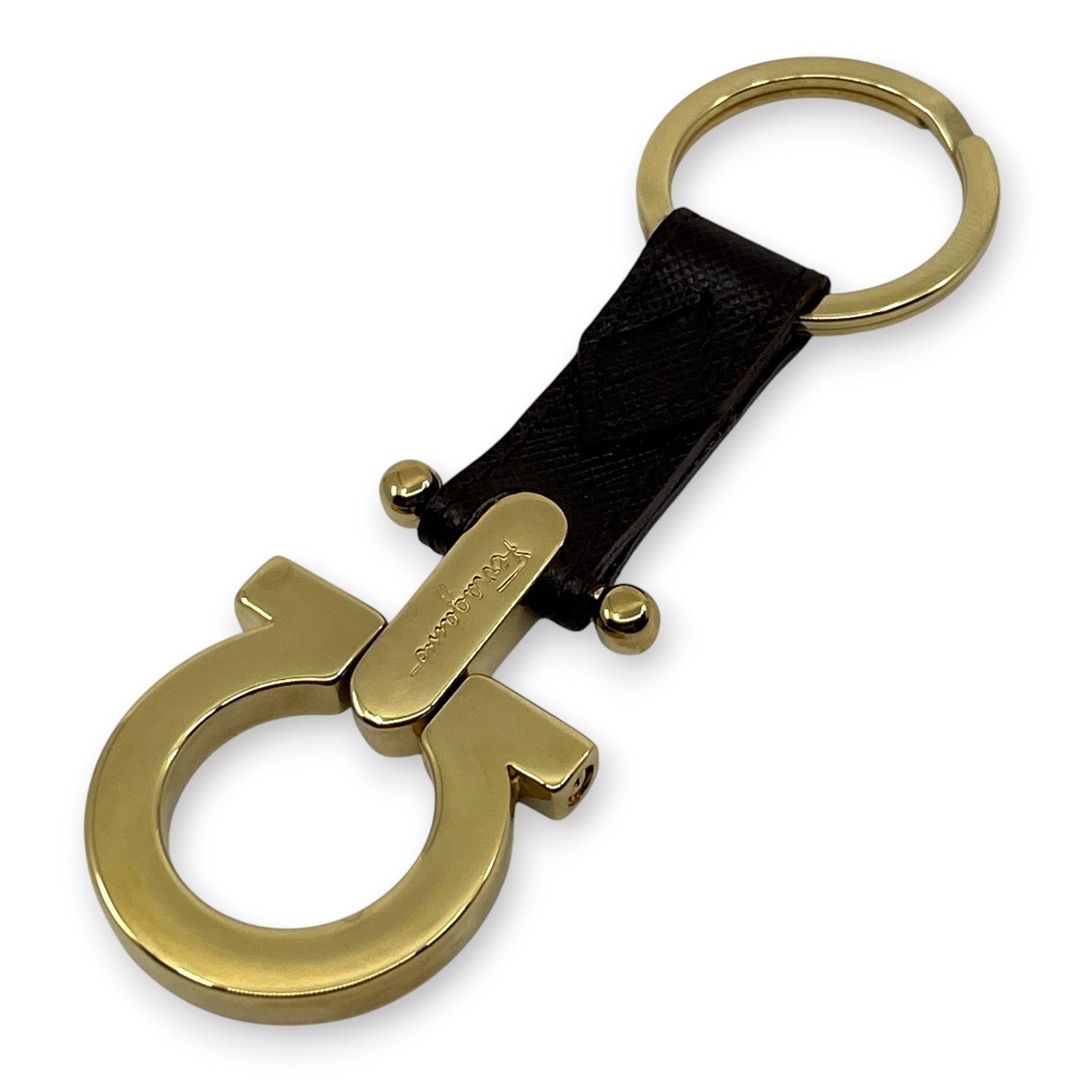 Salvatore Ferragamo Gold-Tone Gancini Key Ring Charm Dark Brown Leather w/ Box