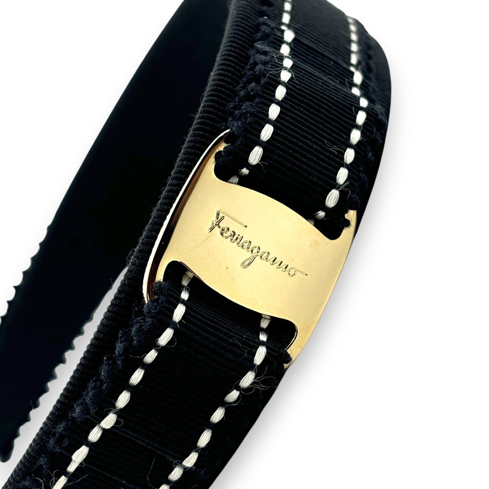 Salvatore Ferragamo Vara Ribbon Black Headband Gold Plate Hair Accessory