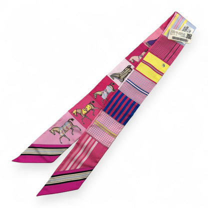 Hermès Twilly Silk Scarf Pink Horses Print 100% Silk with Box