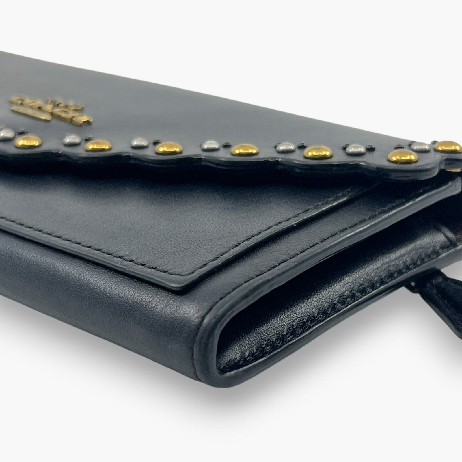 Coach Studded Scallop Flap Long Wallet Snap Closure Black Leather