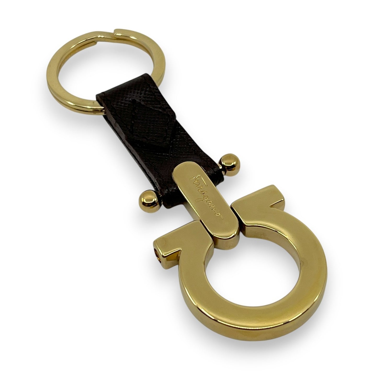 Salvatore Ferragamo Gold-Tone Gancini Key Ring Charm Dark Brown Leather w/ Box