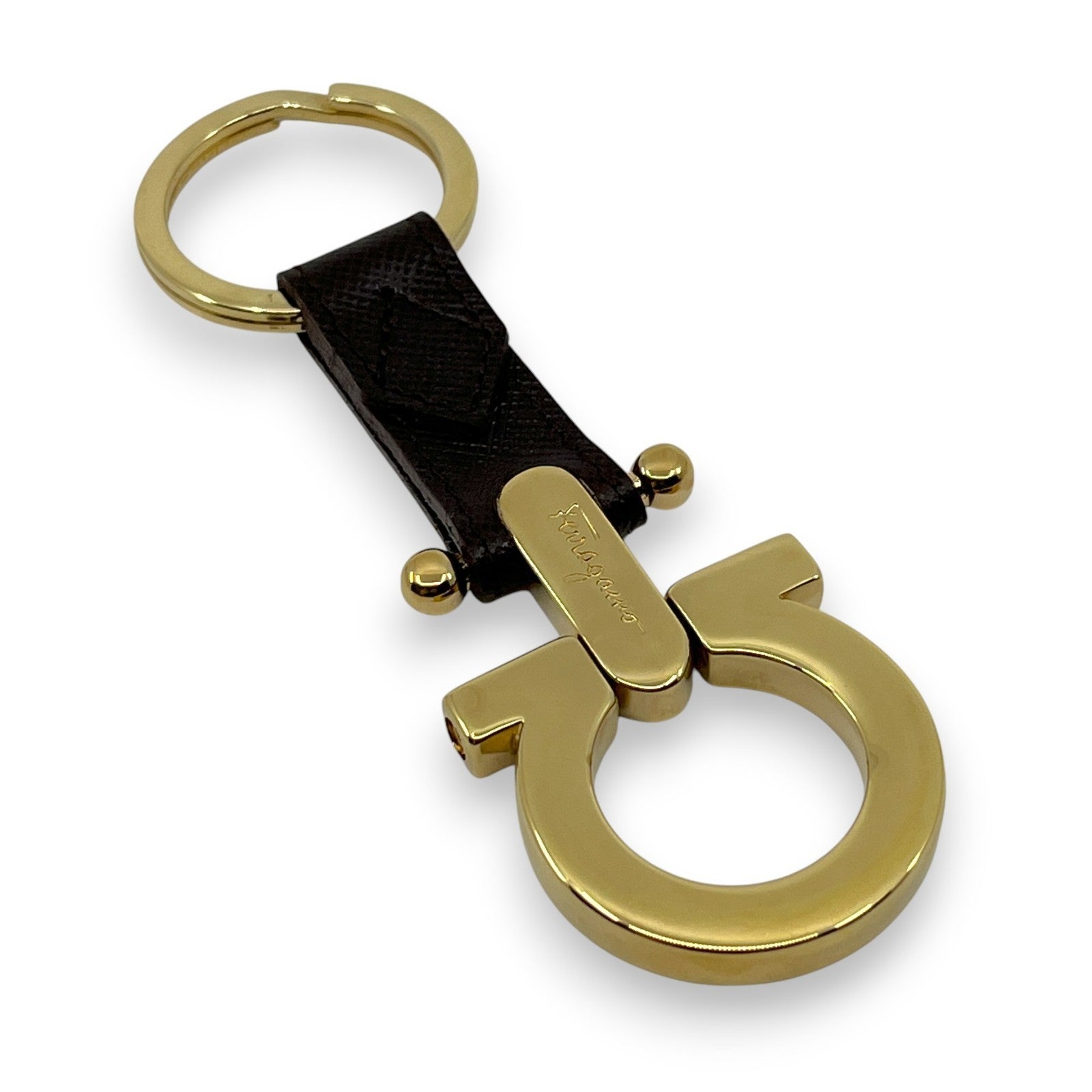 Salvatore Ferragamo Gold-Tone Gancini Key Ring Charm Dark Brown Leather w/ Box