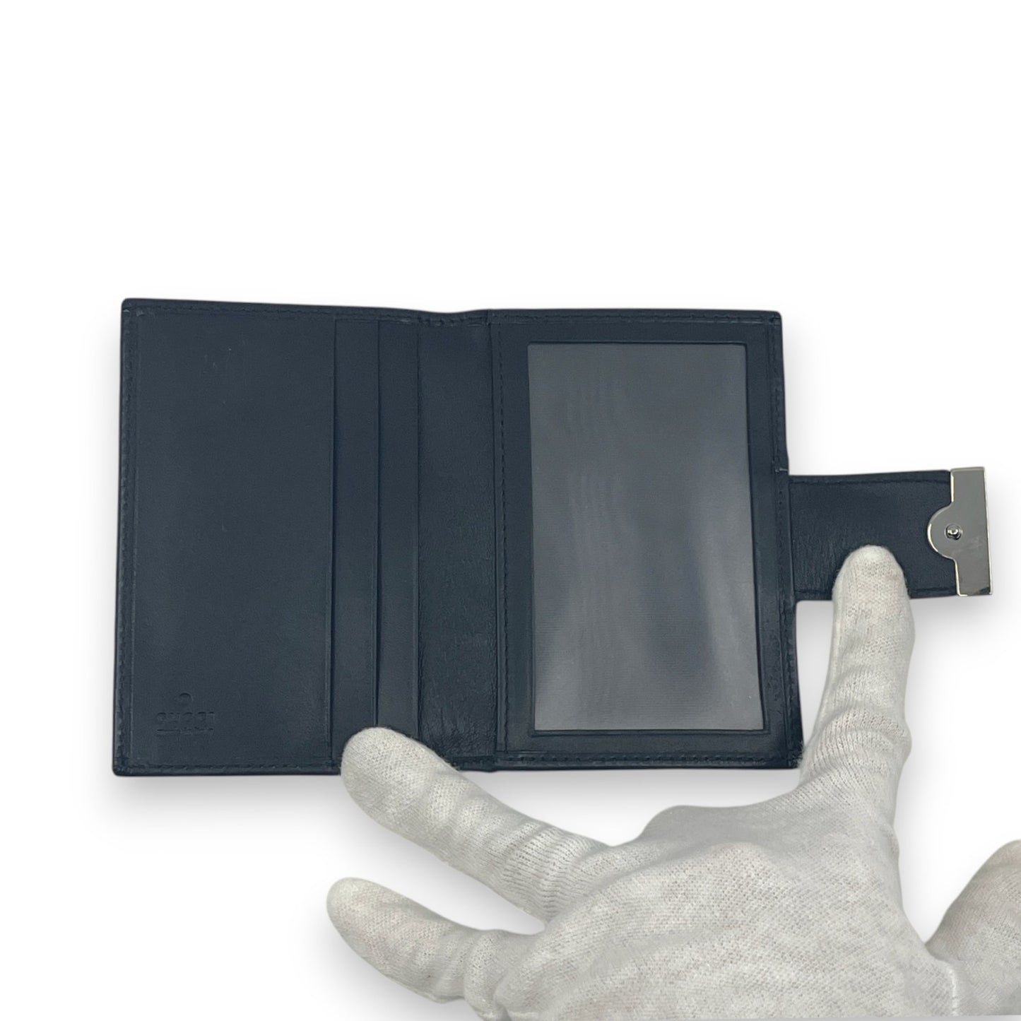 Gucci GG Canvas Card Holder Navy with Matching Leather Trim w/ Box