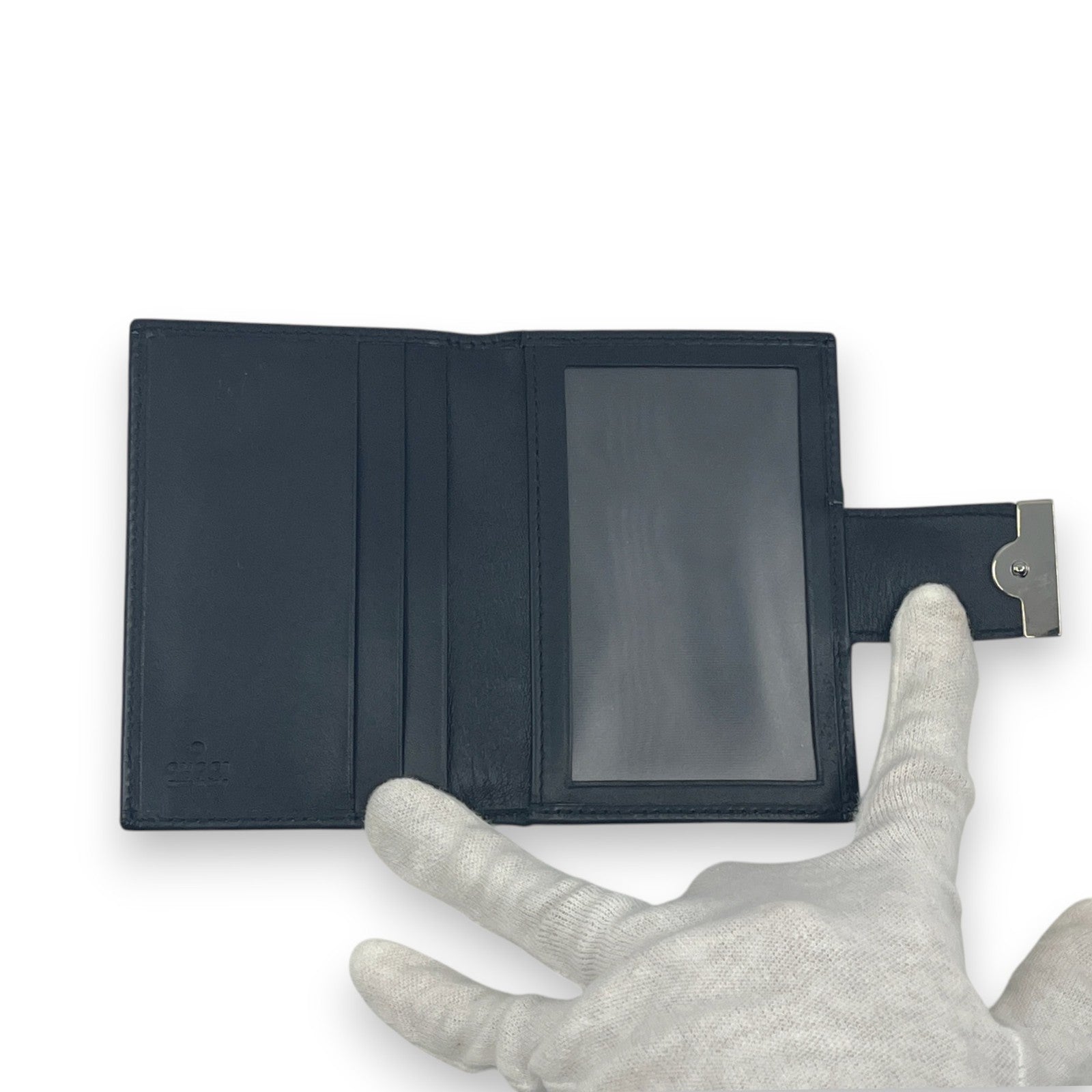 Gucci GG Canvas Card Holder Navy with Matching Leather Trim w/ Box