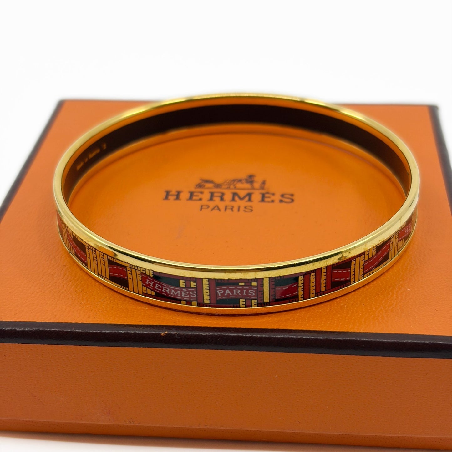 Hermes Enamel Bracelet Bangle Émail PM Gold Black w/ Box