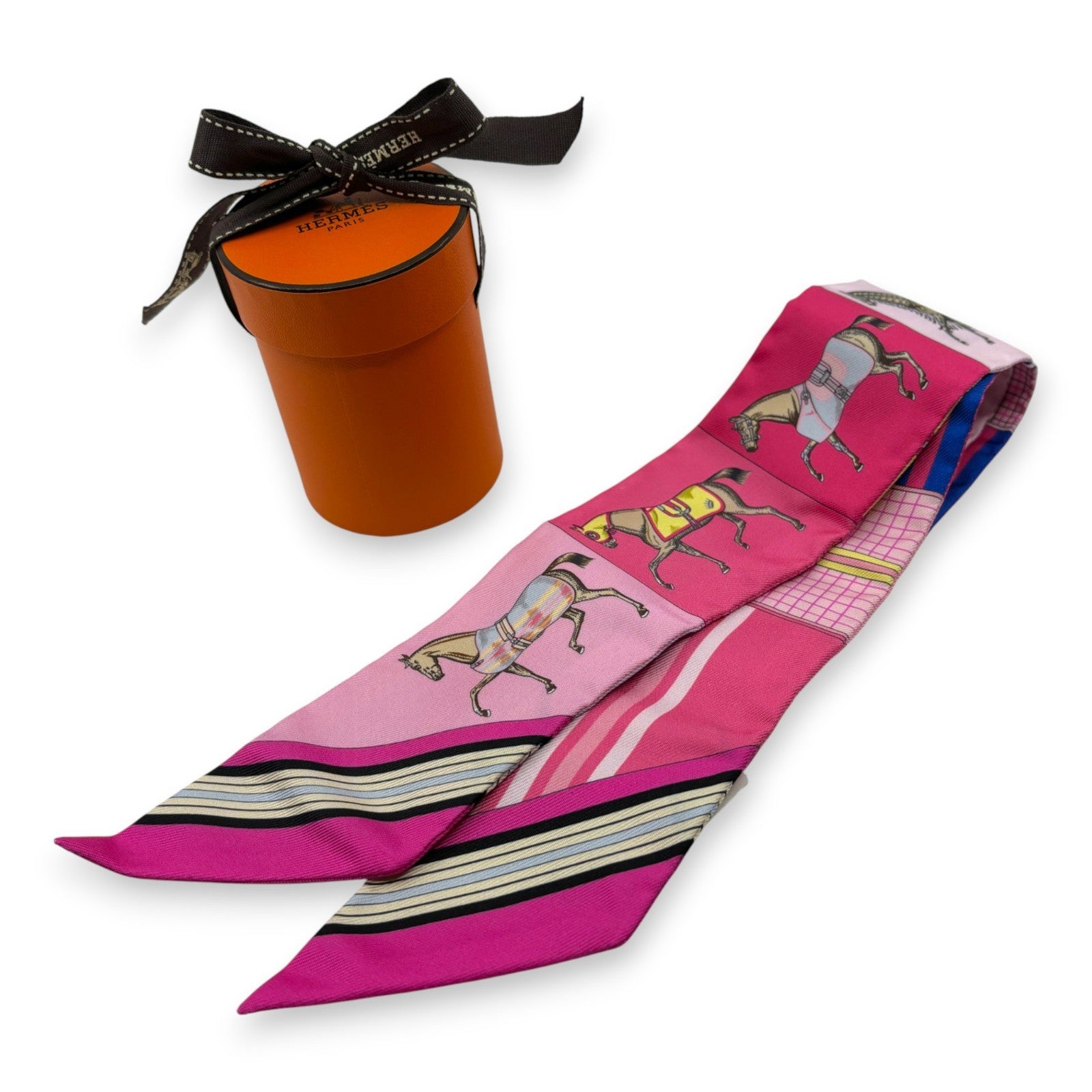 Hermès Twilly Silk Scarf Pink Horses Print 100% Silk with Box