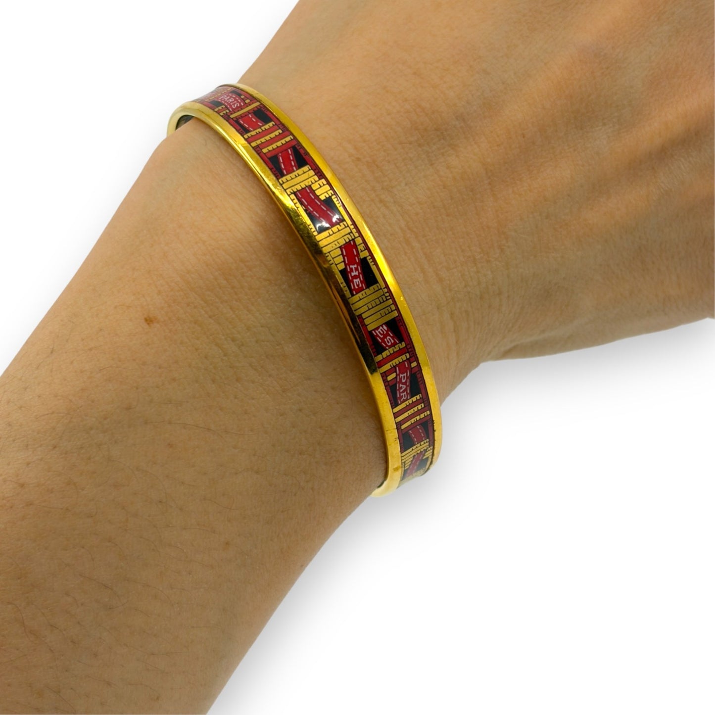 Hermes Enamel Bracelet Bangle Émail PM Gold Black w/ Box