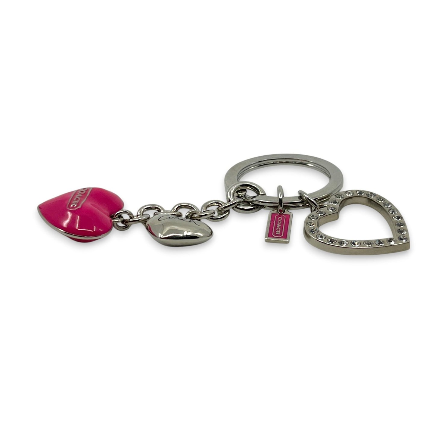 Coach Heart Charm Keychain Pink Silver-Tone with Rhinestone Detail