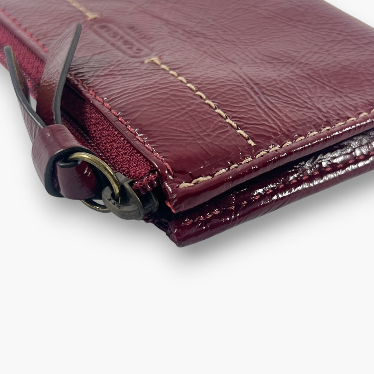 Coach Coin Case Key Ring Zip Wallet Patent Leather Burgundy