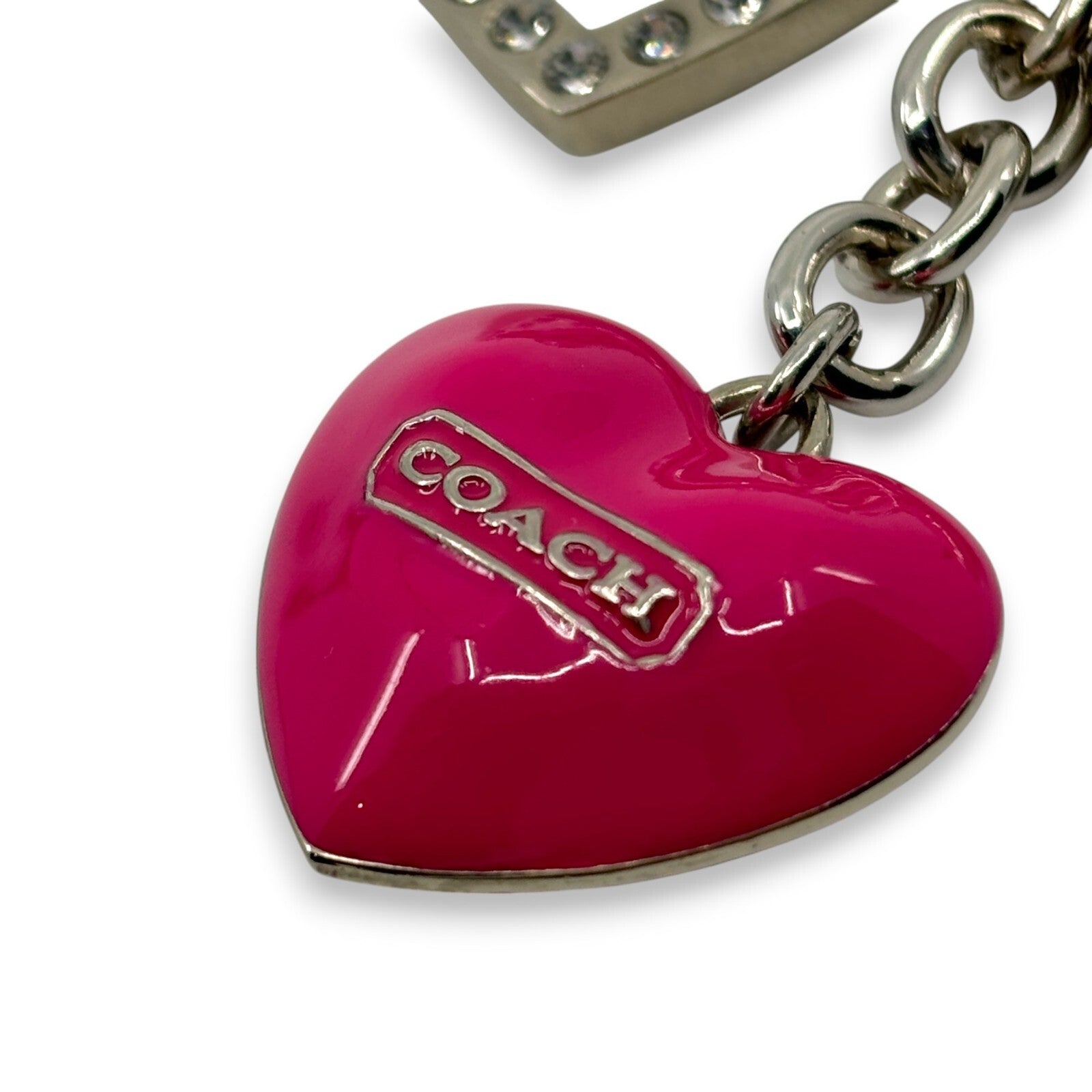 Coach Heart Charm Keychain Pink Silver-Tone with Rhinestone Detail