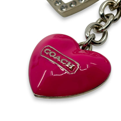 Coach Heart Charm Keychain Pink Silver-Tone with Rhinestone Detail