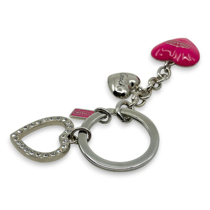 Coach Heart Charm Keychain Pink Silver-Tone with Rhinestone Detail