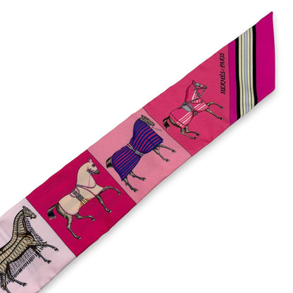 Hermès Twilly Silk Scarf Pink Horses Print 100% Silk with Box