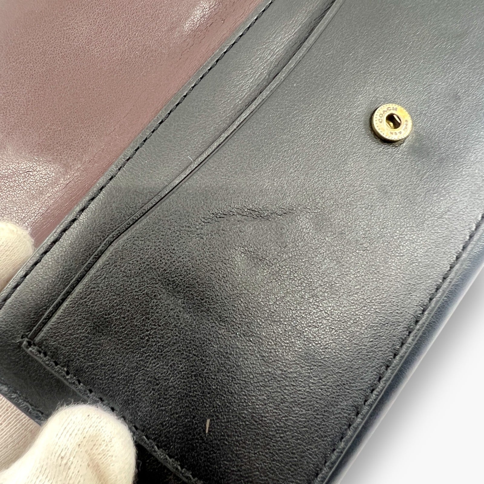 Coach Studded Scallop Flap Long Wallet Snap Closure Black Leather