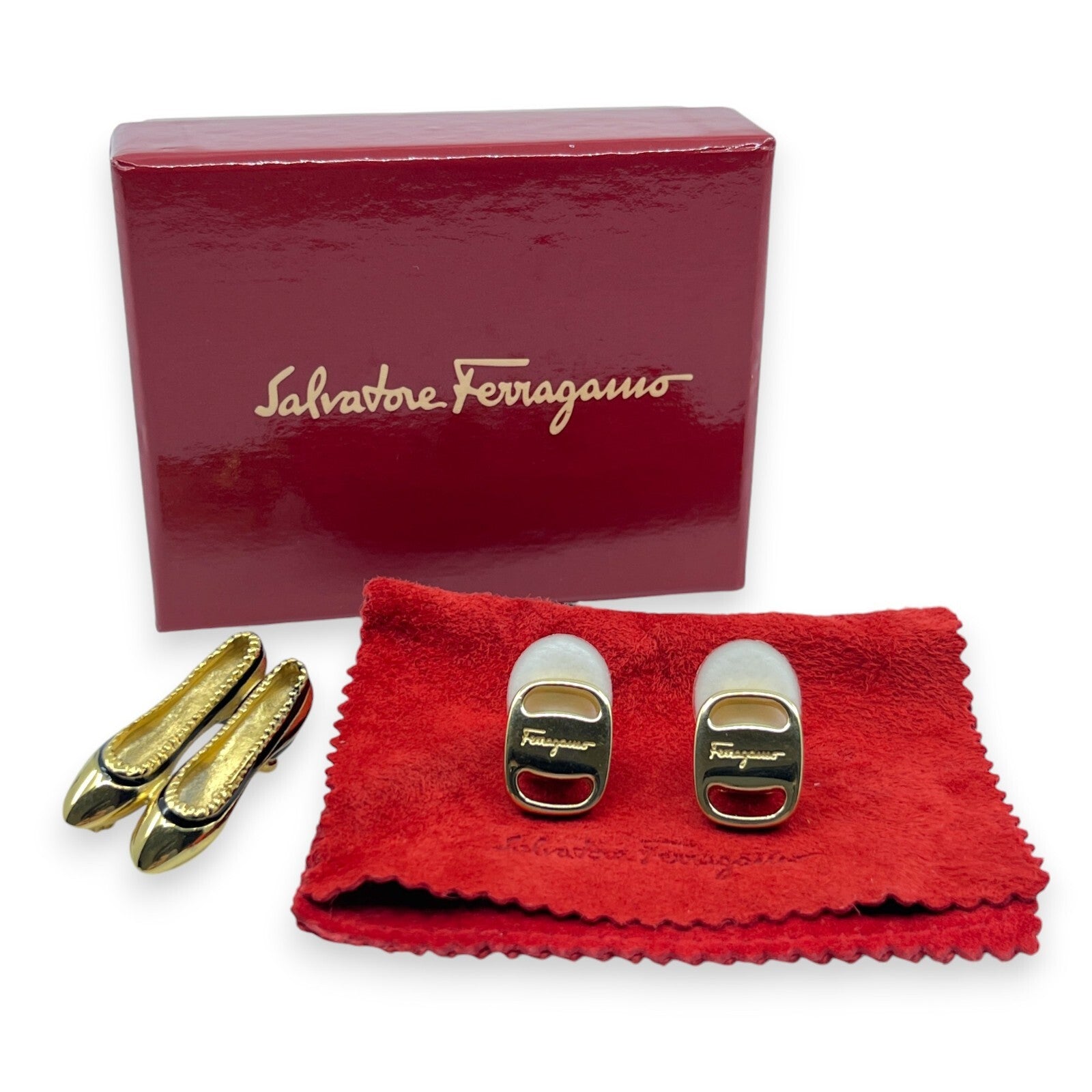 Salvatore Ferragamo Earrings and Ballet Flats Brooch Set w/ Box Dust Bag
