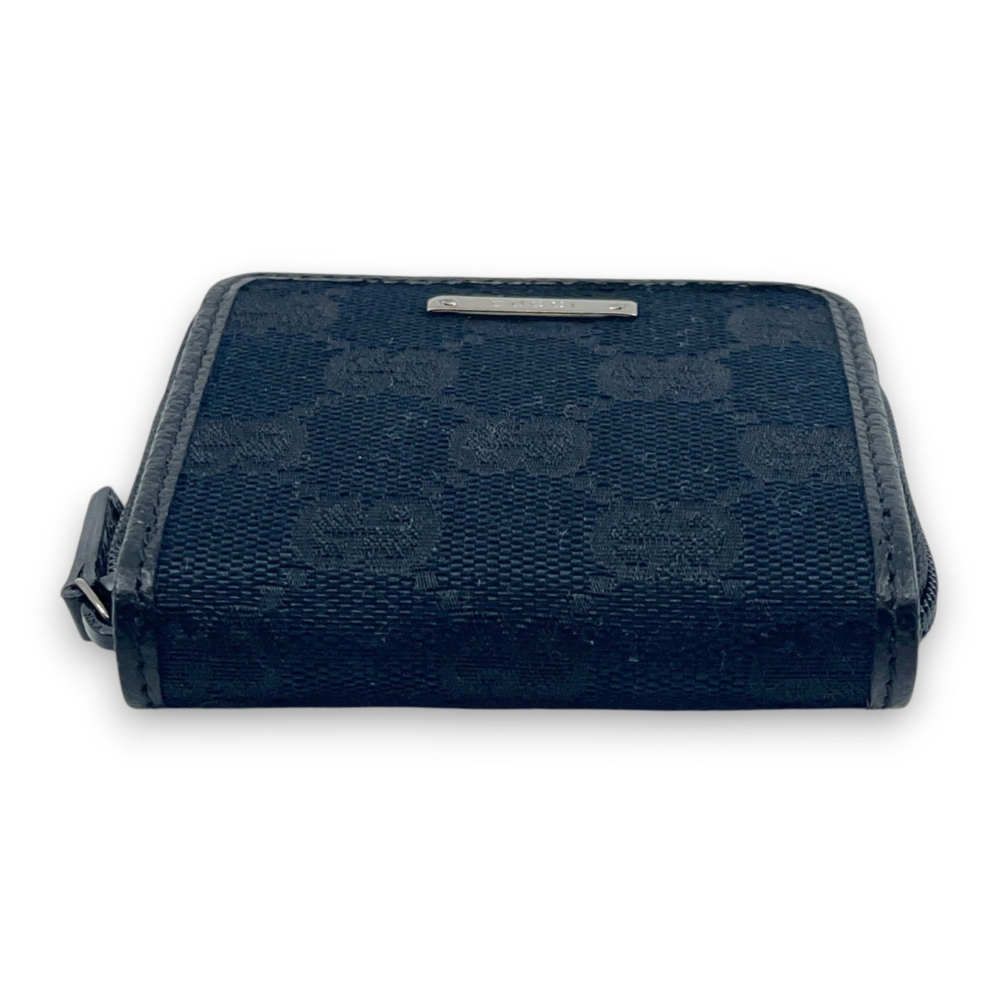 Gucci GG Canvas Coin Purse Black Leather Trim Compact w/ Box