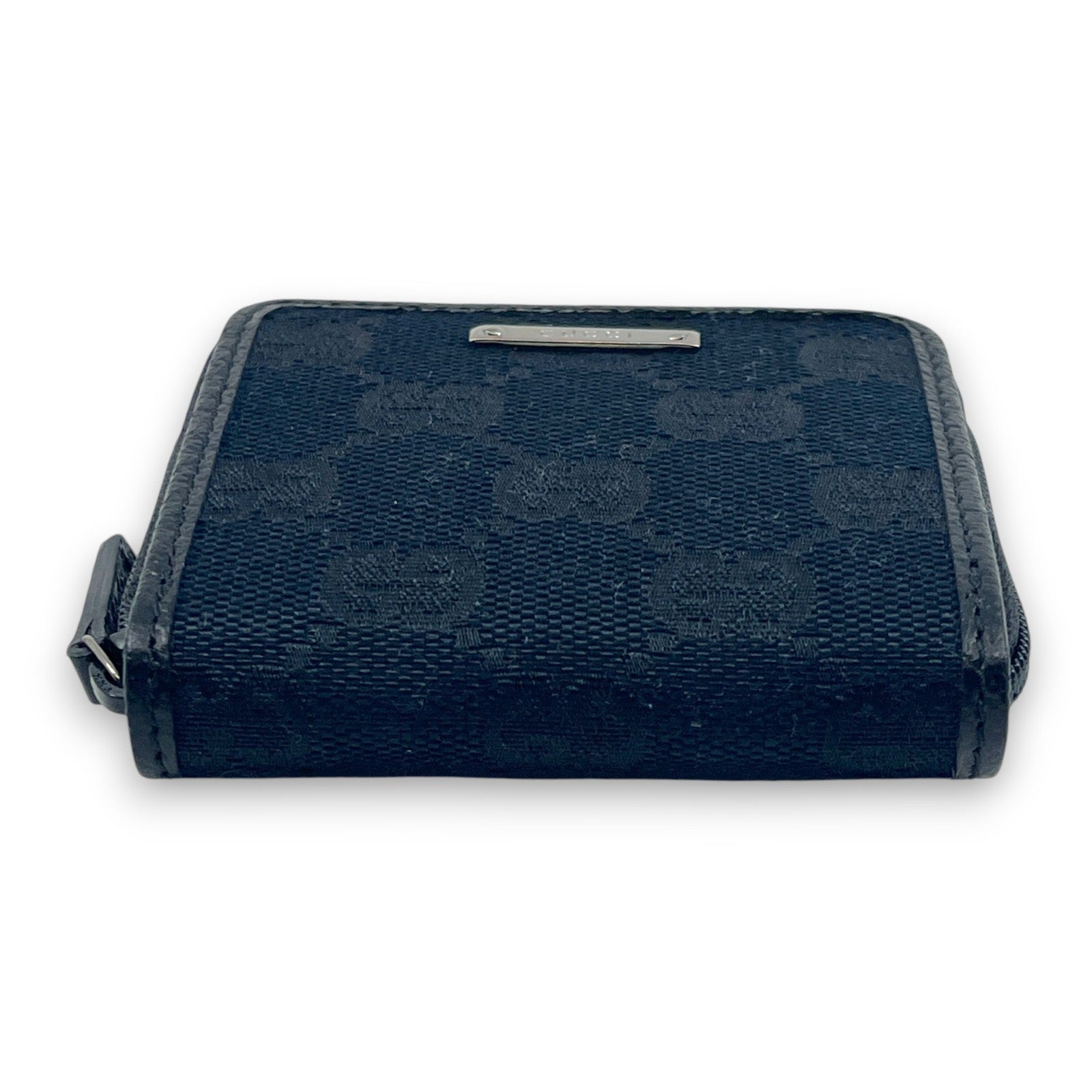 Gucci GG Canvas Coin Purse Black Leather Trim Compact w/ Box