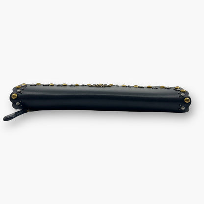 Coach Studded Scallop Flap Long Wallet Snap Closure Black Leather