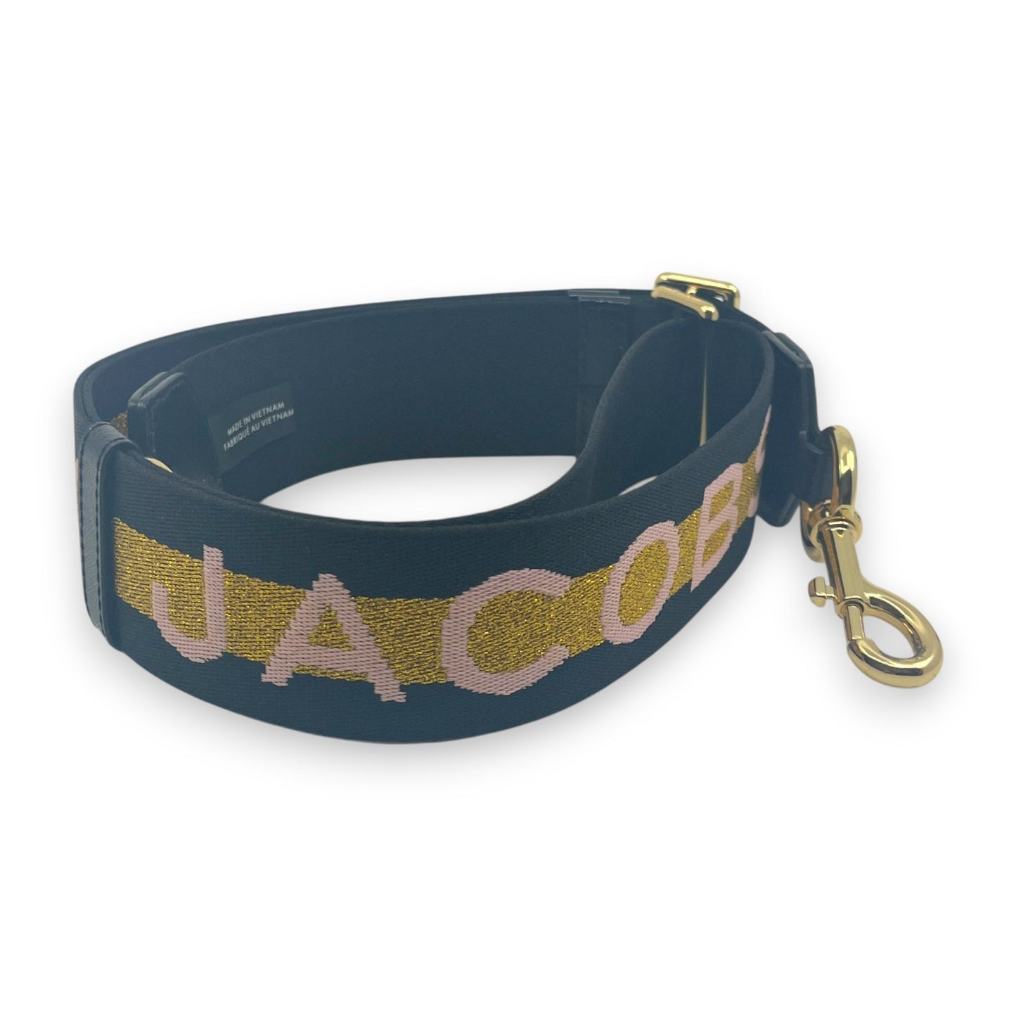Marc Jacobs Adjustable Webbing Strap Black Gold with Pink Woven Logo