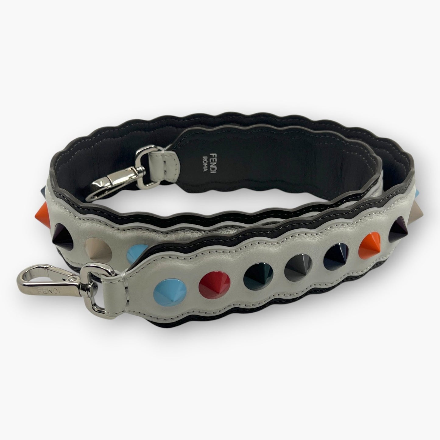 FENDI Strap You Shoulder Strap White Leather Multi-Color Studs