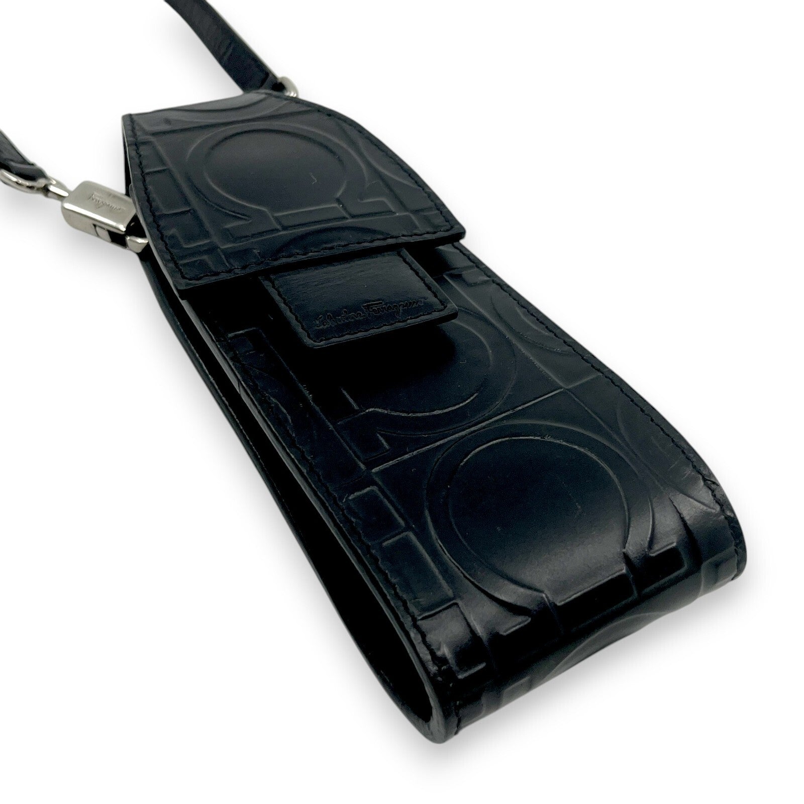 Salvatore Ferragamo Gancini Embossed Leather Mini Pouch Black  w/ Dust Bag