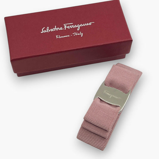 Salvatore Ferragamo Vara Bow Hair Clip Barrette Pink Silver-tone  w/ Box