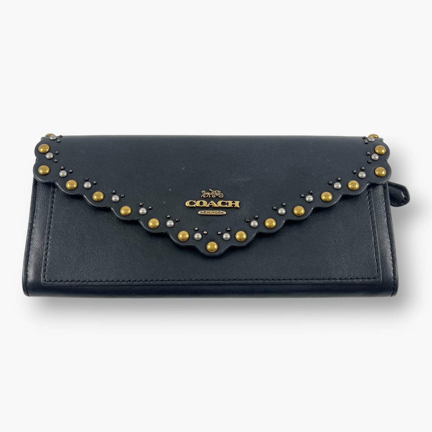 Coach Studded Scallop Flap Long Wallet Snap Closure Black Leather