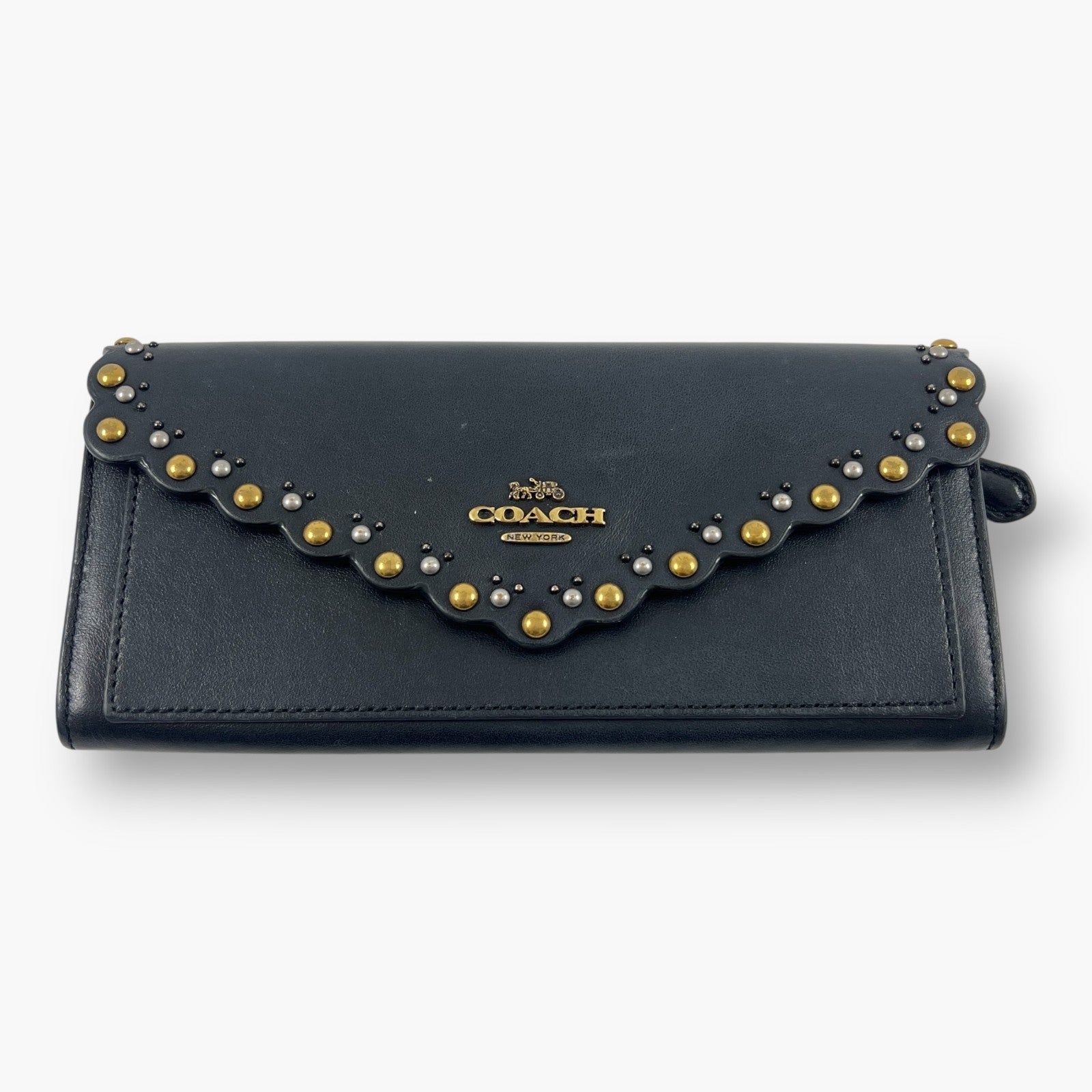 Coach Studded Scallop Flap Long Wallet Snap Closure Black Leather