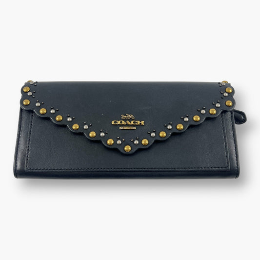 Coach Studded Scallop Flap Long Wallet Snap Closure Black Leather