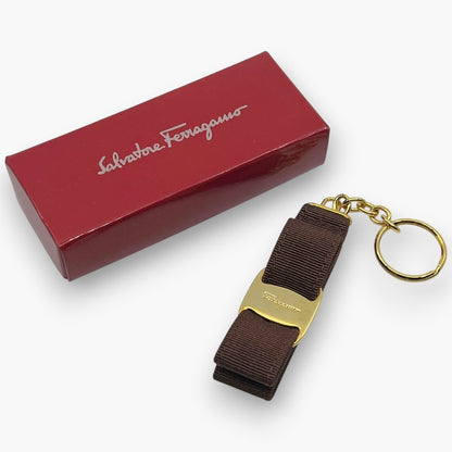 Ferragamo Vara Ribbon Keychain Key Ring Brown Gold 22-3055 W/ Box Card