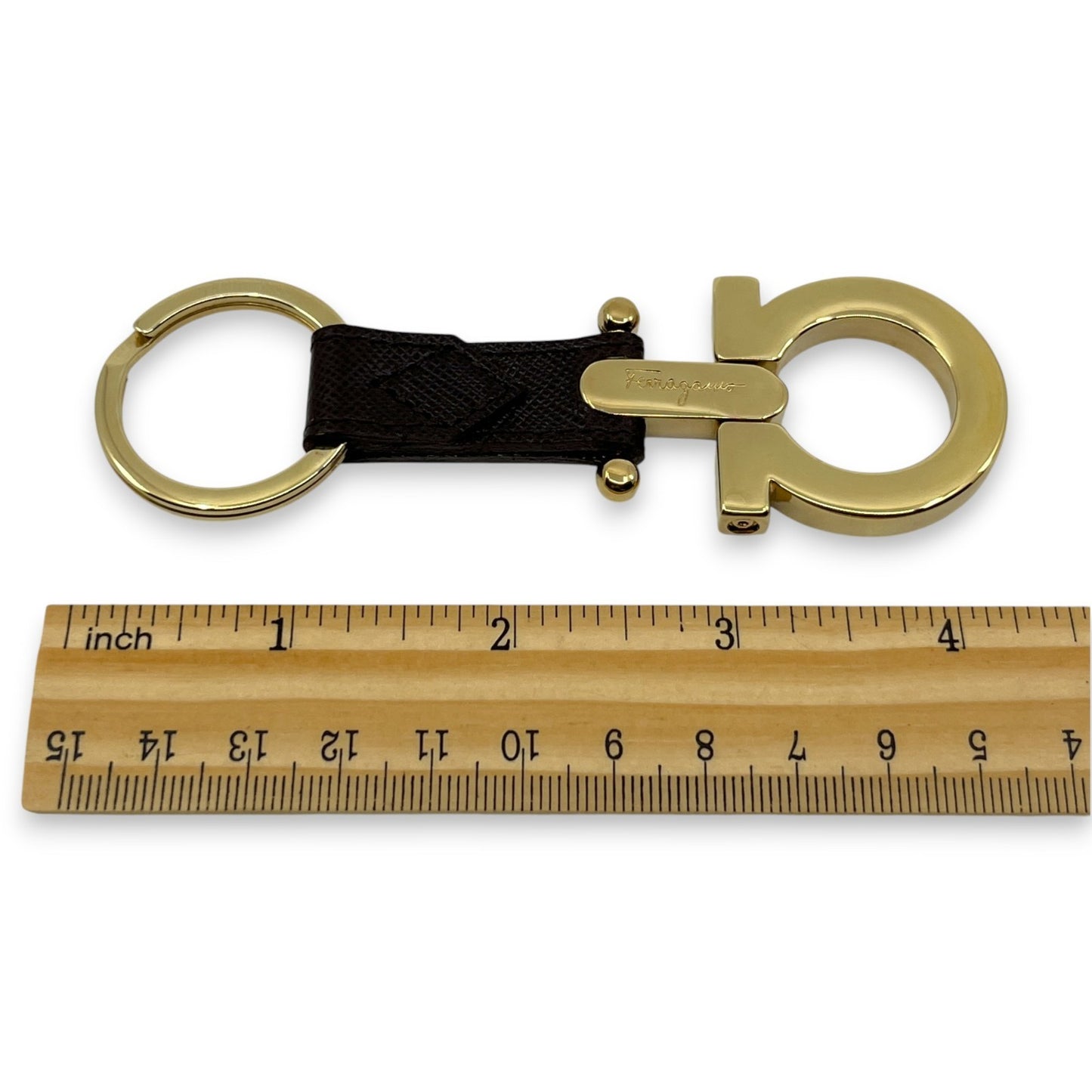 Salvatore Ferragamo Gold-Tone Gancini Key Ring Charm Dark Brown Leather w/ Box