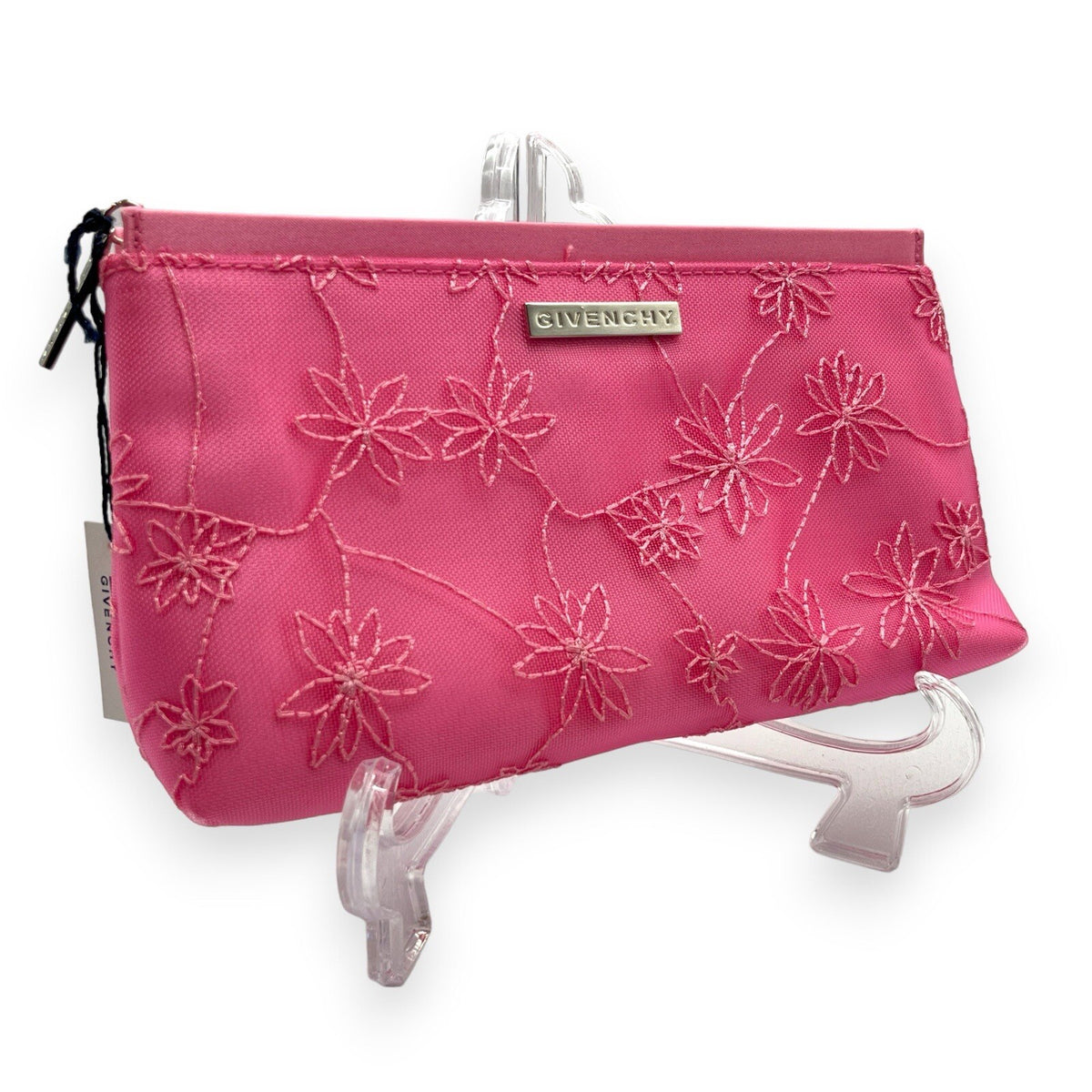 Givenchy Cosmetic Pouch Pink Floral Pattern Silver Logo Makeup Bag