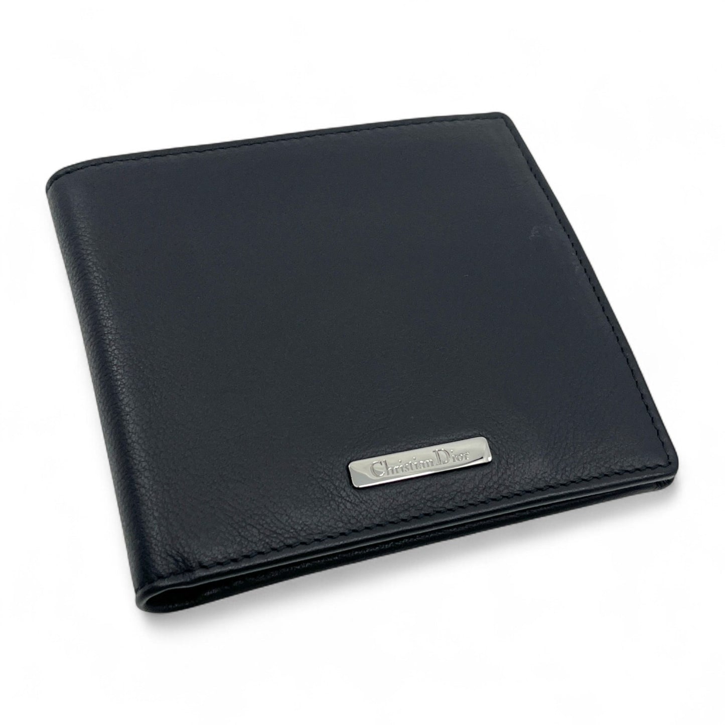 Christian Dior Black Leather Bifold Wallet with Silver Logo Plate