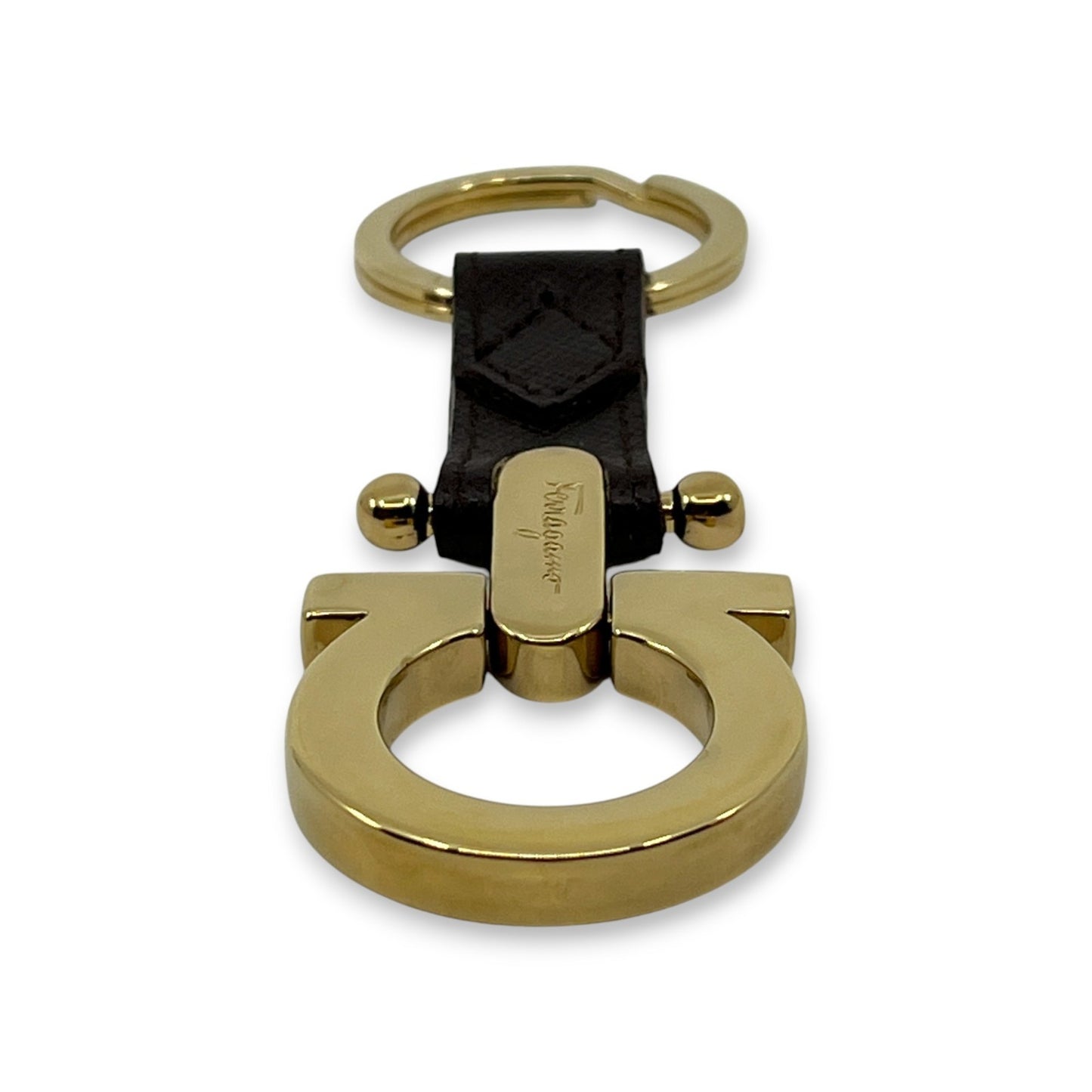 Salvatore Ferragamo Gold-Tone Gancini Key Ring Charm Dark Brown Leather w/ Box