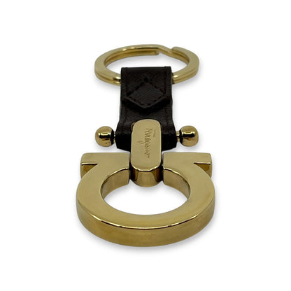 Salvatore Ferragamo Gold-Tone Gancini Key Ring Charm Dark Brown Leather w/ Box