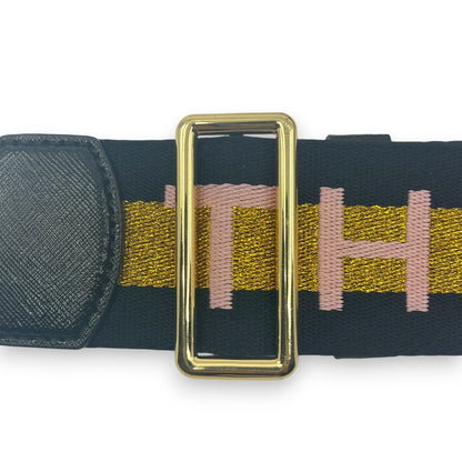 Marc Jacobs Adjustable Webbing Strap Black Gold with Pink Woven Logo