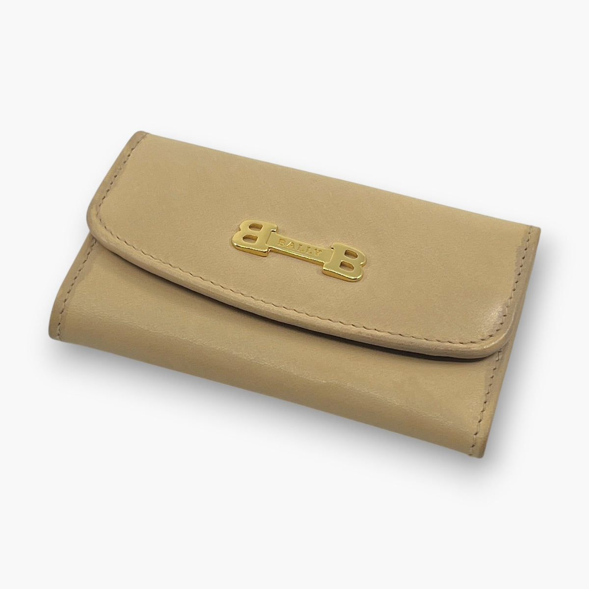 BALLY Leather Key Case 6 Hooks Beige Gold Tone Logo Made in Italy