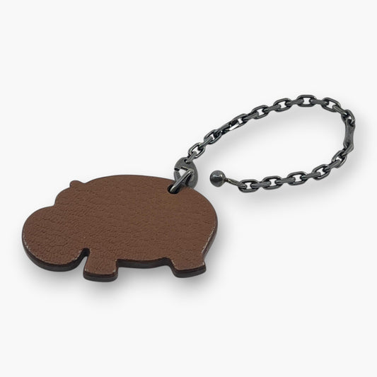 HERMES Hippopotamus Hippo Bag Charm Orange Brown Leather Silver Chain